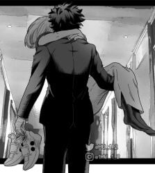 black_and_white bridal_carry canon_couple comic_page izuku_midoriya izuocha my_hero_academia ochako_uraraka suit