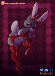 absurd_res anthro anus ass disney female female_focus fur furry furry_only grey_body grey_fur hi_res judy_hopps lagomorph leporid looking_at_viewer looking_back mammal mostly_nude naked nude purple_eyes pussy rabbit rear_view rhoarietis scut_tail solo solo_female solo_focus stockings tail text url zootopia