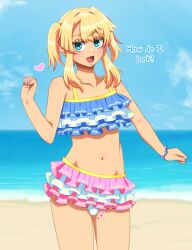 2d beach beach_background bikini blonde_hair bridget bridget_(guilty_gear) bulge bulge_through_clothing english english_text femboy guilty_gear guilty_gear_strive looking_at_viewer ocean_background pigtails solo_femboy standing swimsuit tan_body tan_skin third-party_edit trans_pride_colors transgender_pride_colors unaware unaware_exhibitionist wardrobe_malfunction