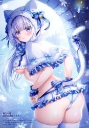 1girl animal_ears animal_hood ass blue_panties blue_ribbon bow bowtie breasts capelet cat_tail closed_mouth fake_animal_ears frilled_panties frills from_behind frown highres hood hooded_capelet large_breasts long_hair looking_at_viewer looking_back mitsuba_choco original panties purple_eyes ribbon sideboob solo standing tail tail_raised thick_thighs thighhighs thighs underwear white_hair white_thighhighs wrist_cuffs