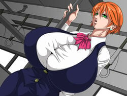 dendendo female huge_breasts office_lady orange_hair short_hair