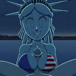 1boy 1girls ai_generated american_flag_bikini bikini breasts cleavage paizuri penis penis_between_breasts statue_of_liberty titfuck