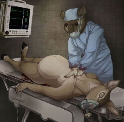 anthro blood blood_on_hand bodily_fluids breasts cardiac_monitor cervine cloven_hooves corpse cpr death deer doctor duo fauxlacine female flatline glossy_eyed gore hi_res hooves hospital humanoid male mammal mask medical medical_instrument murid murine oxygen_mask pregnant rat rodent scientific_instrument surgeon surgical_mask surgical_operation