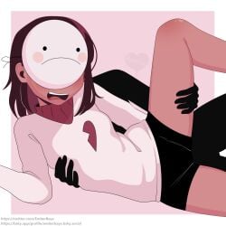 dark-skinned_female dark_hair dark_skin emberbaye legs_spread mask open_mouth sad-ist short_hair simple_background tan_skin turtleneck youtube youtuber