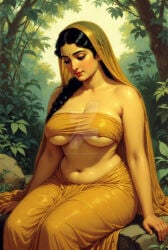 ai_generated beautiful black_hair breasts hindu_mythology hinduism indian indian_female jungle long_hair nipple_bulge ramayana sexy sita_(hinduism) veil yellow_clothing
