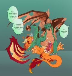 3_toes activision anal bodily_fluids cum cumshot dialogue dragon drooling duo ejaculation english_text erection european_mythology favesittingtail feet feral genital_fluids genitals green_body green_scales hi_res horn ignitus looking_back lying male male/male male_rimming_male mythological_creature mythological_scalie mythology on_back oral orange_body orange_scales penis precum quadruped rimming rimming_male saliva scales scalie sex simple_background solo speech_bubble spiked_tail spikes spikes_(anatomy) spyro_the_dragon straddling tail tail_motion terrador text thatshadowcomic the_legend_of_spyro toes western_dragon wings