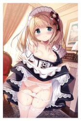 1girls blonde_hair blush bow_panties bra breasts breasts_out cameltoe clothed exposed_breasts female female_only frilled_garter_belt garter_belt garter_straps hair_ornament hair_ribbon highres kimishima_ao lace lace_bra long_hair maid maid_apron maid_headdress maid_outfit maid_uniform nipples open_bra original panties panties_down ribbon_panties skirt_lift small_breasts stockings straight_hair tied_hair twintails