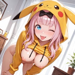ai_generated black_bow blue_eyes blush bottomless bow breasts_out fujiwara_chika hair_bow hoodie kaguya-sama_wa_kokurasetai_~tensai-tachi_no_renai_zunousen~ leaning_forward looking_at_viewer medium_breasts milfhunter228 naughty_face one_eye_closed pink_hair solo_female standing tongue_out yellow_hoodie