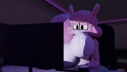 1girl adri164 big_boobs big_breasts breast_milk breast_sucking completely_nude computer female female_only furry glasses mtoon pink_body pink_fur pink_hair room squirrel squirrel_girl squirrel_tail sucking_breasts