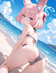 ai_generated all_fours animal_ear_fluff animal_ears ass beach bikini blue_archive blue_eyes breasts_out fox_ears fox_girl from_behind halo looking_at_viewer milfhunter228 niko_(blue_archive) ocean pink_hair short_hair sky smile solo_female