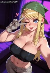 1girl 2026 ;p ai_generated anime bandana bandeau bangs bare_shoulders blonde_hair blue_eyes blush boobs breasts cleavage collarbone covered_nipples crossover earrings eye_contact female female_focus flushed fullmetal_alchemist fullmetal_alchemist_brotherhood gloves grey_gloves handwear heart heart-shaped_pupils highres huge_breasts indoors inside jewelry large_breasts long_hair looking_at_viewer midriff navel nsfw one_eye_closed pants patreon patreon_username reaching_towards_viewer rognezart selfie shiny smile smiling solo strapless symbol-shaped_pupils tongue tongue_out tube_top v very_long_hair white_gloves winry_rockbell