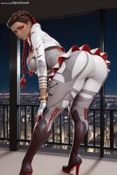 1girl ai_generated apex_legends ass bent_over boots braid breasts brown_hair earrings gloves hi_res high_heels high_quality high_resolution jewelry knee_boots large_breasts loba_(apex_legends) long_hair looking_at_viewer looking_back patreon red_eyes seductive sexy solo spicytoonai uncensored watermark