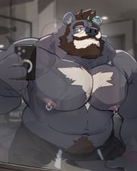 2026 absurd_res anthro arm_hair bear beard belly biceps black_bear black_body black_bottomwear black_clothing black_fur black_pants body_hair bottomwear brown_hair chest_markings clothed clothing eyewear facial_hair fur genitals glasses green_eyes hair hi_res highlights_(coloring) holding_fur huge_(hugothecorgo) hugothecorgo male mammal markings moon_bear muscular muscular_anthro muscular_male mustache navel nipple_piercing nipple_ring nipples pants pecs penis piercing pubes ring_piercing solo teal_highlights topless ursine vein veiny_penis white_body white_fur
