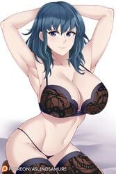 1girls armpits arms_behind_head aslindsamure black_bra blue_eyes bra breasts byleth_(fire_emblem) byleth_(fire_emblem)_(female) cleavage female female_only fire_emblem fire_emblem:_three_houses large_breasts lingerie panties short_hair smile solo source_request teal_hair