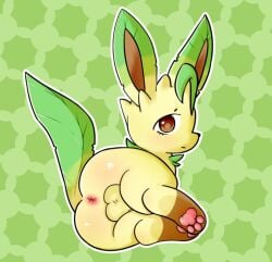 anus brown_eyes butt claraeve claws eeveelution feral fur generation_4_pokemon genitals green_body green_eyes green_fur leafeon looking_at_viewer male nintendo nude pokemon pokemon_(species) simple_background solo