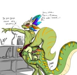 2026 ambiguous_gender anthro blush blush_lines cash_register dialogue dildo english_text greeva_(jenghck) jenghck lihzahrd male penetrable_sex_toy reptile scalie snake tail text tongue witch_doctor_(terraria)
