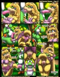 2019 anthro anthro_on_feral blush bottomless closed_eyes clothed clothing comic dripping duo english_text fellatio female feral hi_res kitsune_youkai koopa male mario_(series) nintendo oral outside page_7 penile penis presenting princess_koopa princess_peach pussy scalie sex straight super_mario_bros. super_mario_world text tree video_games yoshi