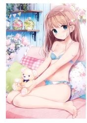 1girls black_bra blonde_hair blush bra breasts female female_only hair_ornament highres kimishima_ao laptop long_hair on_couch original panties pillow sitting sitting_on_couch small_breasts straight_hair stuffed_animal teddy_bear