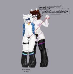 anthro azriel_(kociemleko1) chastity_cage chastity_device cigarettestarsm10 clothing deerpuppyy domestic_cat dominant domination/submission duo ejaculation english_text felid feline felis hands-free hi_res humiliation leash legwear male mammal stars_(cigarettestarsm10) submissive submissive_male text thigh_highs