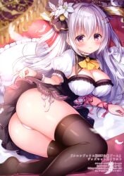ass bed between_breasts breasts cleavage dress frilled_dress frills hair_flower hair_ornament highres large_breasts laying_on_bed laying_on_side lolita_fashion long_hair looking_at_viewer lying mitsuba_choco on_bed original panties pillow purple_hair side-tie_panties skirt_lift solo thighhighs twintails underwear white_legwear white_panties