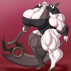 1girls dagwam female heels hololive hyper hyper_muscles looking_at_viewer massive_pecs mori_calliope muscle_fetish muscles muscular muscular_arms muscular_female muscular_thighs pecs pink_hair scythe small_head smirk smirking smirking_at_viewer thighs vtuber weapon
