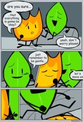 battle_for_dream_island dialogue firey_(bfdi) imminent_sex jacknjellify jnj kiss kissing leafy_(bfdi) object_show object_shows text vagina vaginal vaginal_fingering
