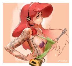 1girls 2026 ariel ariel_(the_little_mermaid) blue_eyes breasts choker disney female female_only fork headphones heart_pasties long_hair pasties philtomato pink_background red_hair red_lipstick redhead shirt_pull small_breasts sweaty sweaty_face tank_top tattoo tattooed_arm the_little_mermaid walkman white_background white_border
