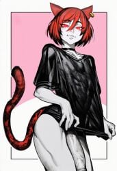 abs ai_generated balls big_balls big_penis brutus_(artist) cat_ears cat_tail catboy femboy femboy_only huge_cock male_focus male_only massive_penis red_eyes red_hair shirt solo solo_male tail vesper_(trogiai)
