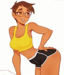 1female 1girls big_breasts brown_hair brown_skin bubble_ass bubble_butt glasses lit_silium litsilium lois_lane lois_lane_(my_adventures_with_superman) looking_back_at_another my_adventures_with_superman round_ass round_butt round_glasses short_hair sports_bra sports_shorts tan_skin tan_skinned_female tanned_body tomboy