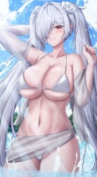 1girls bikini cinderella_(crystal_wave)_(nikke) cinderella_(nikke) cleavage female female_only goddess_of_victory:_nikke looking_at_viewer nail_polish outdoors painted_fingernails painted_nails rabbitttt revealing_clothes skimpy_clothes water white_bikini white_hair