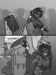 1boy 1girls black_hair blood brain_fuck brain_matter breasts broken_phone choker clothed comic corpse dark-skinned_female death ear_penetration empty_eyes fingerless_gloves fishnet_armwear gloria_(gurochanop) gore guro gurochanop headphones huge_breasts necrophilia nipples rape red_eyes red_hair sex short_hair skull_fucking snuff sports_bra streaked_hair sweat