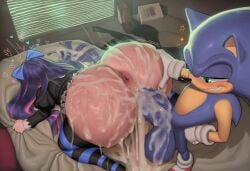 1boy 1girls 2026 ai_generated anthro anthro_on_human anus ass bent_over bigtub7775 blue blue_fur crossover cum cum_in_pussy cum_inside doggy_style excessive_cum fur green_eyes hair hair_ornament indoors interspecies panty_&_stocking_with_garterbelt penis sega smirk sonic_(series) sonic_the_hedgehog spread_legs stocking_anarchy tagme testicles vaginal_penetration