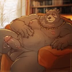 1:1 5_fingers anthro balls bear bell ben_bigger bodily_fluids brown_body claws erection eyebrows fingers fur galrock genital_fluids genitals glans hi_res humanoid_genitalia humanoid_penis jewelry male mammal mihoyo muscular muscular_anthro muscular_male necklace nipples nude penis precum scar sitting zenless_zone_zero