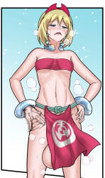 1futa 1girl 5tb balls blonde_hair blue_eyes bracelet clothed clothing displeased functionally_nude futa_only futanari headgear irida_(pokemon) light-skinned_futa light_skin loincloth navel necklace penis pokemon pokemon_legends:_arceus short_hair solo tubetop