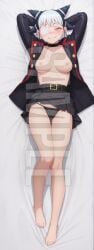 1girls ai_generated azuma_homare blush breasts chained_soldier dakimakura female full_body hi_res high_resolution highres lying lying_on_back mato_seihei_no_slave military_uniform multicolored_hair naughty_face nipples panties patreon sleeplessnighty solo solo_focus tagme watermark yellow_eyes