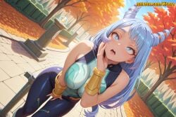 1girl ahegao ai_generated autumn autumn_leaves bare_shoulders bench between_legs blue_bodysuit blue_eyes blue_hair blush bodysuit boku_no_hero_academia breasts clothed_masturbation covered_navel day drill_hair drooling dutch_angle female_masturbation hadou_nejire hair_horns hand_between_legs hand_on_own_face impossible_clothes large_breasts light_blue_hair long_hair looking_at_viewer masturbation masturbation_through_clothes my_hero_academia nejire_hado nivora open_mouth outdoors saliva sitting skin_tight sleeveless solo standing teeth tight_clothes tongue tree twin_drills upper_teeth_only very_long_hair