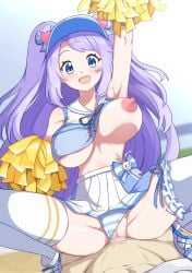 1boy 1girls big_breasts blue_archive breasts cheerleader cowgirl_position female hanae_(blue_archive) large_breasts looking_at_viewer nipples nivi panties panties_aside penetration penis pom_poms sex trinity_general_school_student