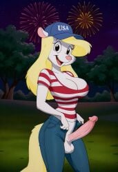 1futa 1girls american_flag_shirt animaniacs anthro balls blonde_hair furry futanari jeans looking_at_viewer minerva_mink mink penis penis_out smile solo testicles warner_bros warner_brothers