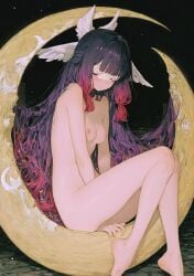 1girl ai_generated black_hair clothed_sex columbina_(genshin_impact) genshin_impact head_wings multicolored_hair nude nude_female purple_hair solo