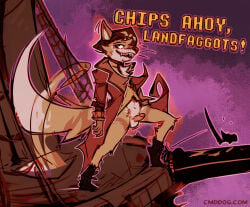 anthro balls black_clothing black_footwear black_shoes bottomless bottomless_anthro bottomless_male canid canine canis cantio_(lawyerdog) chest_tuft clothed clothing coyote digital_drawing_(artwork) digital_media_(artwork) dipstick_tail english_description english_text erection footwear fur genitals humanoid_genitalia humanoid_hands humanoid_penis lawyerdog looking_at_viewer male mammal markings no_underwear open_mouth orange_body orange_fur penis pirate pirate_hat purple_background sharp_teeth ship shoes simple_background slur solo standing tail tail_markings tail_motion tailwag teeth text tuft vehicle watercraft white_inner_ear white_tail_tip