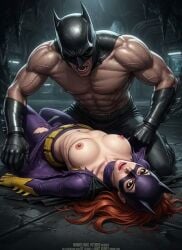 1boy 1girls age_difference ai_generated barbara_gordon batgirl batgirl_(barbara_gordon) batman batman_(bruce_wayne) batman_(series) bound_wrists breasts breathing_heavily bruce_wayne cape clothed_sex dc_comics dominant_male female folded from_behind gloves half-closed_eyes half_naked kissing lips long_hair lying male masked_female masked_male missionary older_male on_back open_mouth restrained saliva sex straight submissive_female superhero sweat tagme thighs tongue tongue_out torn_clothes trembling uncensored underwear video warner_brothers younger_female