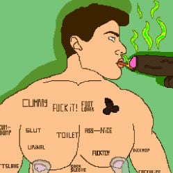 black_cock cocksucking embarassed gay hot huge_breasts muscular pixel_art tan_body tattoo tattoos