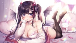 absurdres black_hair black_legwear blurry blurry_background blush bow bra breast_slip breasts candy candy_wrapper collar demon demon_girl demon_horns demon_wings depth_of_field diagonal_stripes exposed_breasts eyebrows_visible_through_hair female flashing food frilled_pillow frills full_body gradient_hair grey_wings heart heart_pillow highres holding holding_candy holding_food holding_lollipop horns large_breasts legs_up lollipop long_sleeves looking_at_viewer lying medium_breasts mitsuba_choco multicolored_hair nipples oerba_yun_fang off-shoulder_shirt off_shoulder on_stomach one_breast_out open_bra open_mouth original panties pennant pillow pink_bra pink_panties plushie polka_dot purple_eyes red_hair shirt side-tie_panties sleeves_past_wrists soles solo strap_slip streaked_hair string_of_flags striped striped_bow stuffed_animal stuffed_bunny stuffed_toy swirl_lollipop thighhighs twintails underwear white_collar white_shirt wings