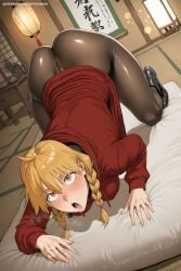 1girl ai_generated all_fours ass blonde_hair blush boots braid gabby_(yomi_no_tsugai) hair_over_shoulder hi_res high_quality high_resolution looking_at_viewer open_mouth pantyhose patreon red_eyes savvyraexo seductive sexy side_braid solo tatami tongue twin_braids uncensored watermark