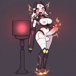 ai_generated futa futanari gold_body metal metallic_body original_character red_eyes red_hair robot robot_girl robot_humanoid simulator simultaneous simultaneous_orgasms waifu waifu_night