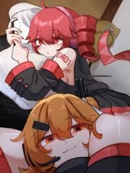 2girls :3 a.i._voice adachi_rei ahoge detached_sleeves drill_hair female female_focus female_only head_between_legs head_between_thighs hugging_pillow im_this_clingy_(meme) kasane_teto kasane_teto_(utau) looking_at_phone lying multiple_girls nail_polish orange_eyes orange_hair pearto phone pillow pillow_hug red_eyes red_hair riko_(ritora2024_6) sideboob skirt smug smug_face tail thick_thighs thighs twin_drills utau yuri