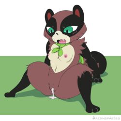 1:1 2019 aeonspassed after_sex after_vaginal blush bodily_fluids breasts canid canine cartoon_network cum cum_in_pussy cum_inside digital_media_(artwork) female genital_fluids green_background hi_res mammal mao_mao:_heroes_of_pure_heart nipples nude pussy raccoon_dog solo tanuki tanya_keys white_background