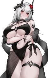 1girl absurdres arknights arm_behind_back arm_under_breasts bare_shoulders bikini black_bikini black_choker black_hair black_horns black_sarong blush breasts choker cleavage closed_mouth collarbone commentary_request criss-cross_halter diamond_(shape) diamond_hair_ornament flower gradient_hair groin hair_flower hair_intakes hair_ornament halterneck highres horns large_breasts long_hair looking_at_viewer material_growth mudrock_(arknights) mudrock_(silent_night)_(arknights) multicolored_hair myb52 navel official_alternate_costume oripathy_lesion_(arknights) pointy_ears red_eyes red_flower sarong see-through_clothes see-through_sarong sideboob sidelocks simple_background solo standing stomach swimsuit swimsuit_cover-up thigh_strap thighs underboob very_long_hair white_background