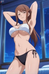 1boy absurdres adult ai_assisted ai_generated arms_behind_head ayane_shirakawa big_breasts breasts female heeven highres male mature overflow_(series) patreon patreon_username perfect_body shirakawa_ayane standing uncensored