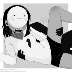 1girl 1girls black_hair emberbaye legs_spread monochrome open_mouth sad-ist short_hair shorts simple_background turtleneck youtube youtuber